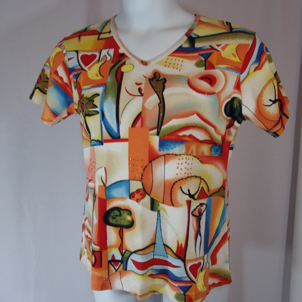 KaKtus Top Geometric Print Orange Blue Size M